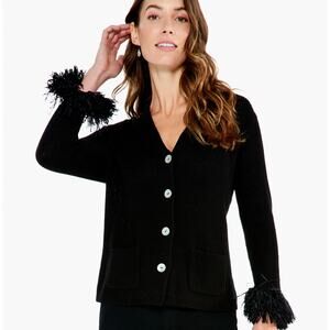 Nic + Zoe Black Night Fall Cardigan Sweater Fringe Cuff Sleeve M NWOT
